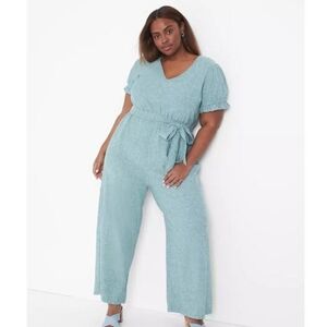 NWT Lane Bryant Puff-Sleeve Belted Linen Blend Jumpsuit Size 24